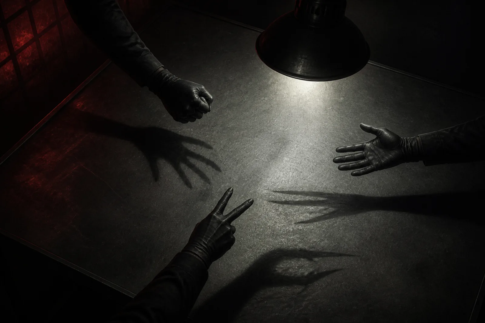 The Impossible Round: Three gestures meet under a lamp while their shadows choose differently.