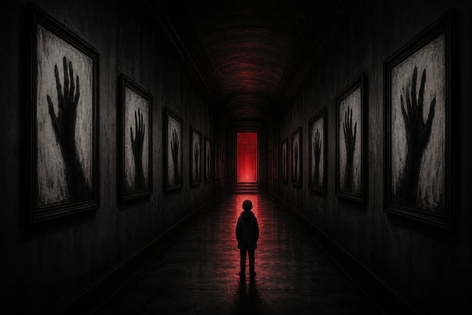 The Red Threshold: A corridor of handprints turns the next choice into a destination.