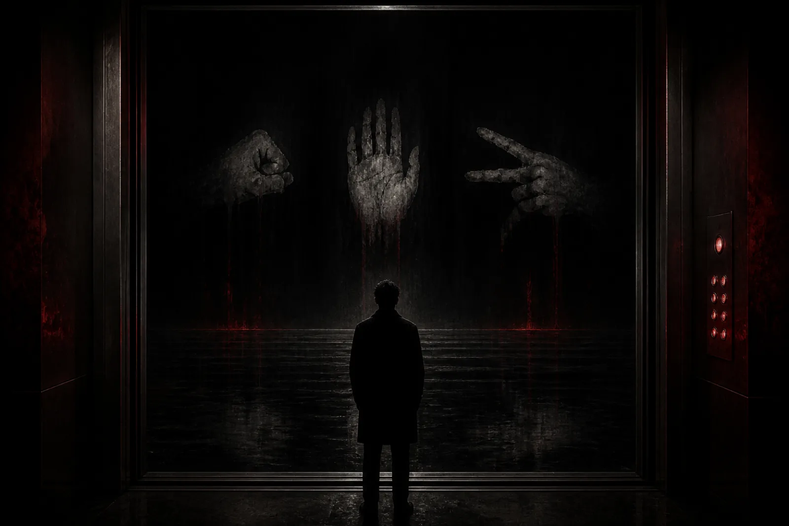 Signs Beyond the Threshold: A player faces three impossible choices beyond an elevator door.